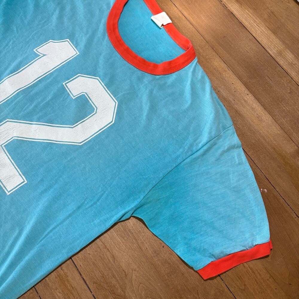 Vintage 70s 80s Ringer Tee Light Blue Orange Trim #12 Single Stitch T-Shirt - Picture 4 of 8